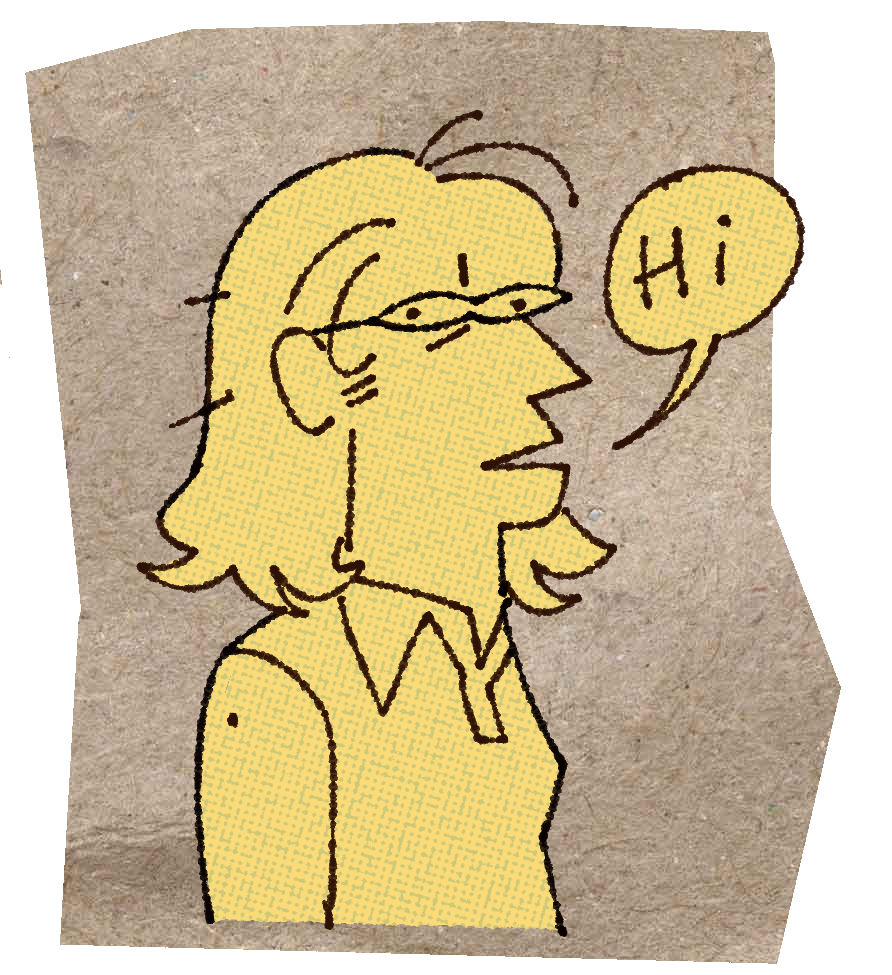 A cartoon portrait of my sona. It's a woman with  glasses and a long messy bob. She's completely yellow and she wears what appears to be a collared sleevelesss shirt.
